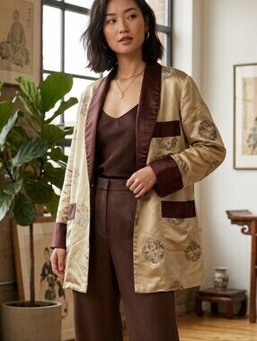 Vintage Silk Embroidered Satin Jacket with Brown Trim
